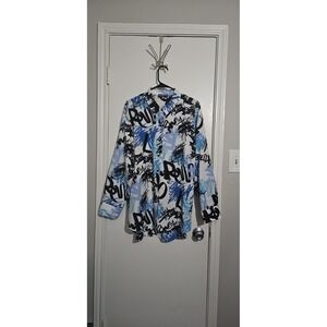 Karl Lagerfeld Shirt XL Roll Tab Sleeves Paris Graffiti Print Button Down Chic